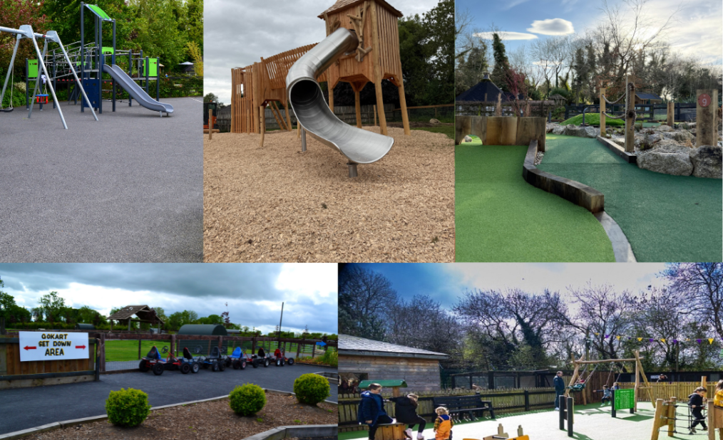 collage of activities available at Clonfert Farm, including playgrounds, mini golf and go-karting