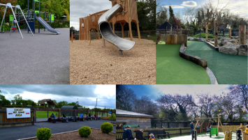 collage of activities available at Clonfert Farm, including playgrounds, mini golf and go-karting