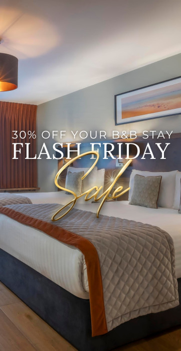 image of hotel bedroom with text overlay - 30% off your b&b stay